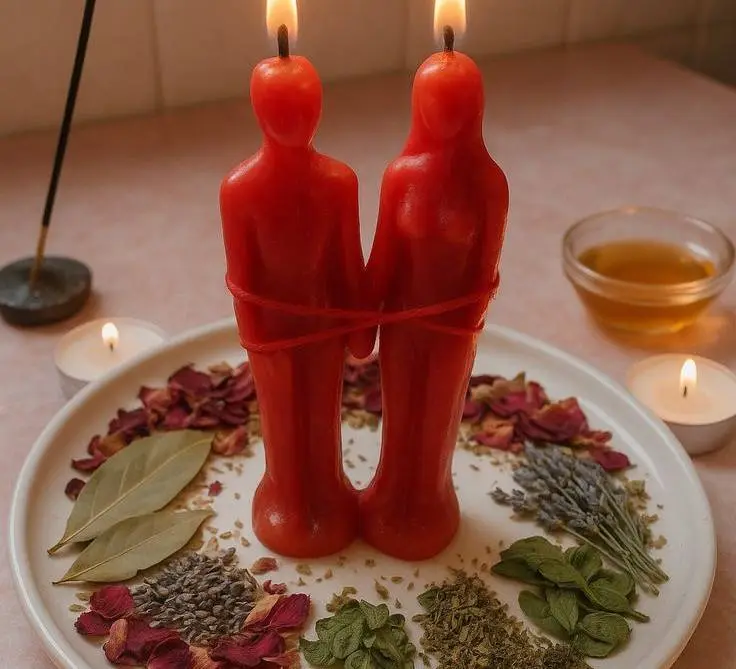 Love Spells in USA - Red couple figure candles tied together on a plate of herbs and petals