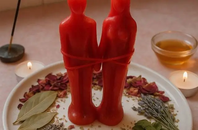 Love Spells in USA - Red couple figure candles tied together on a plate of herbs and petals
