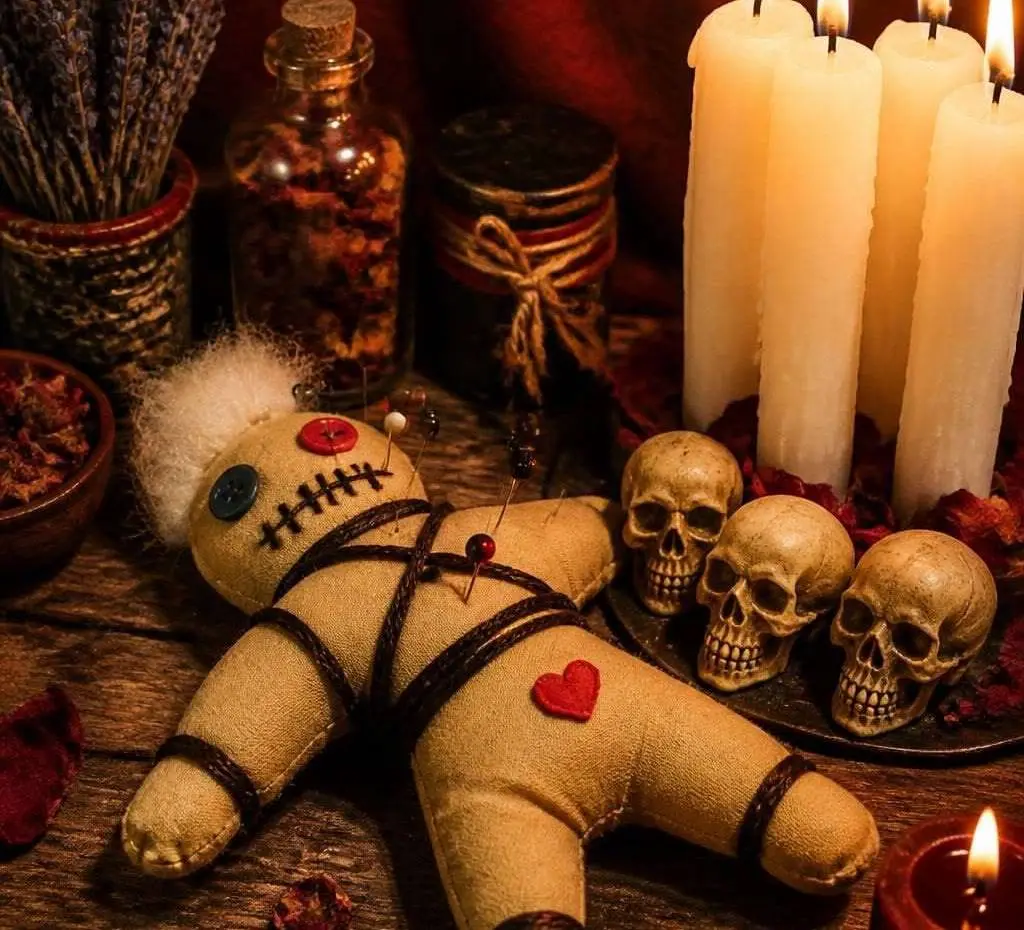 Real Witchcraft Love Spell Caster in USA - Bound cloth doll, skulls and white candles on a witchcraft altar